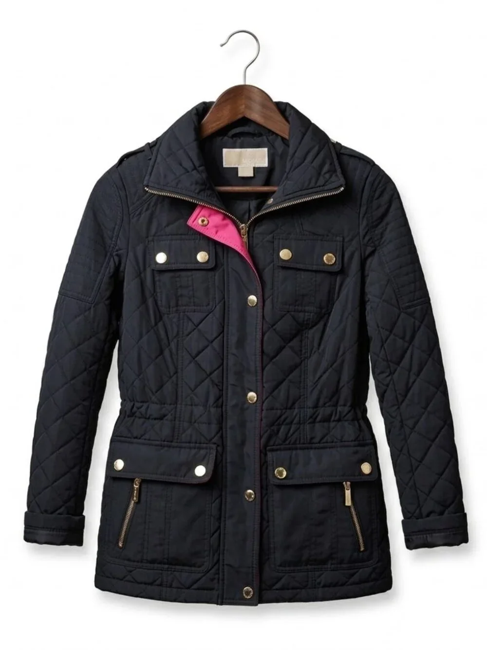 ​Michael Kors Black Quilted M65 Field Jacket | Pink Trim & Gold Hardware XSP